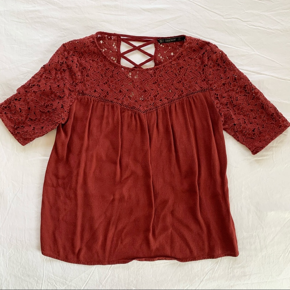 EUC Zara Basic Red Guipure Lace Short Sleeve Blouse, M